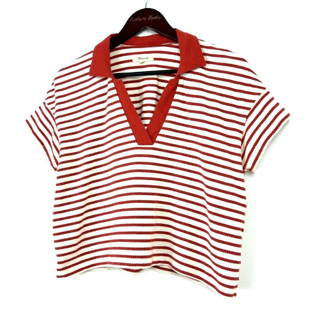 Madewell Women Burnt Red White Striped Texture Rib Cropped Polo Tee Sz S 1254H4 - Picture 4 of 12